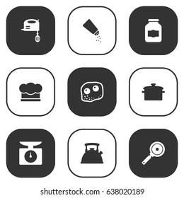 Set Of 9 Kitchen Icons Set.Collection Of Chef Cap, Blender, Saucepan And Other Elements.