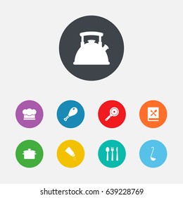 Set Of 9 Kitchen Icons Set.Collection Of Scoop, Chef Cap, Non-Stick And Other Elements.