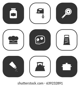 Set Of 9 Kitchen Icons Set.Collection Of Eggs, Teapot, Jar And Other Elements.