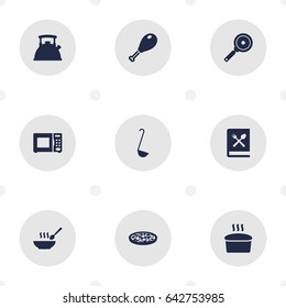 Set Of 9 Kitchen Icons Set.Collection Of Scoop, Teapot, Broth And Other Elements.