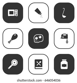 Set Of 9 Kitchen Icons Set.Collection Of Scoop, Cooking Instruction, Jar And Other Elements.
