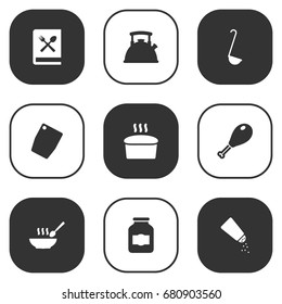 Set Of 9 Kitchen Icons Set.Collection Of Broth, Saltshaker, Teapot And Other Elements.