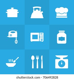 Set Of 9 Kitchen Icons Set.Collection Of Saucepan, Silverware, Electronic Oven And Other Elements.