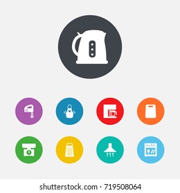 Set Of 9 Kitchen Icons Set.Collection Of Washing Machine, Extractor Hood, Electric Teapot And Other Elements.