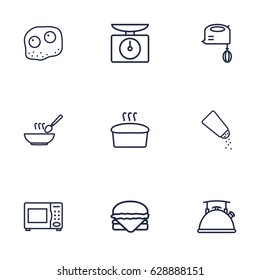 Set Of 9 Kitchen Outline Icons Set.Collection Of Hamburger, Scales, Kettle And Other Elements.