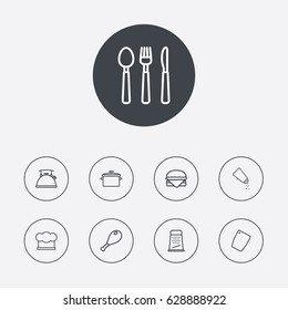 Set Of 9 Kitchen Outline Icons Set.Collection Of Grater, Chicken Leg, Chopping Board And Other Elements.