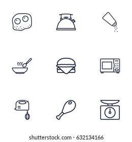 Set Of 9 Kitchen Outline Icons Set.Collection Of Kettle, Chicken Leg, Mixer And Other Elements.
