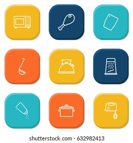 Set Of 9 Kitchen Outline Icons Set.Collection Of Chicken Leg, Kettle, Mixer And Other Elements.