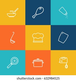Set Of 9 Kitchen Outline Icons Set.Collection Of Pan, Hat, Mixer And Other Elements.