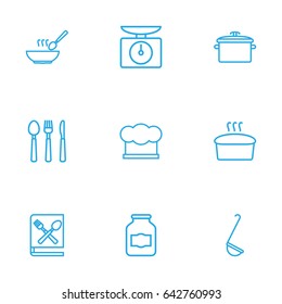Set Of 9 Kitchen Outline Icons Set.Collection Of Book Of Recipes, Scales, Hat And Other Elements.