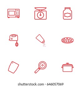 Set Of 9 Kitchen Outline Icons Set.Collection Of Pizza, Salt, Pan And Other Elements.
