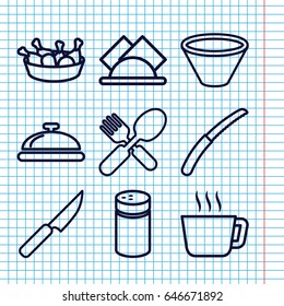 Set of 9 kitchen outline icons such as dish, pepper, chicken leg, fork and spoon, gardening knife, napkin, bowl, knife