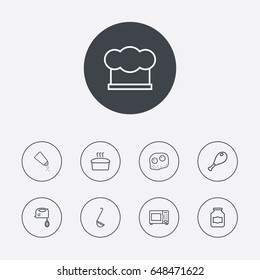 Set Of 9 Kitchen Outline Icons Set.Collection Of Omelette, Chicken Leg, Ladle And Other Elements.