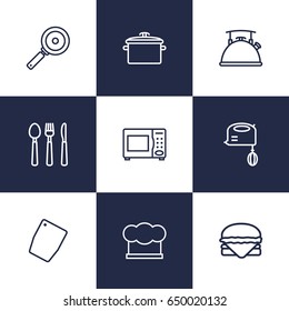 Set Of 9 Kitchen Outline Icons Set.Collection Of Cutlery, Skillet, Hamburger And Other Elements.