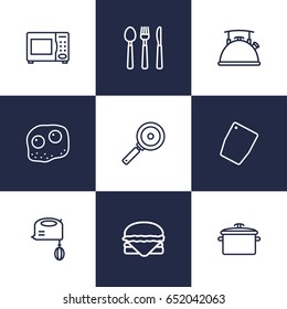 Set Of 9 Kitchen Outline Icons Set.Collection Of Hamburger, Pan, Cutlery And Other Elements.