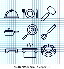 Set of 9 kitchen outline icons such as pan, sponge, dish, plate fork and spoon, corolla