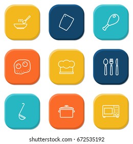 Set Of 9 Kitchen Outline Icons Set.Collection Of Pan, Chicken Leg, Hat And Other Elements.