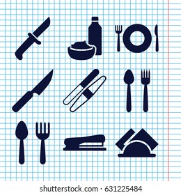 Set of 9 knife filled icons such as spoon and fork, plate fork and spoon, sawing, stapler, napkin
