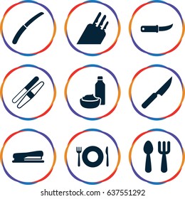 set of 9 knife filled icons such as plate fork and  spoon, sawing, drink and food
