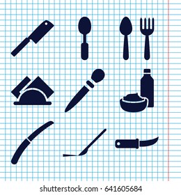 Set of 9 knife filled icons such as spoon and fork, nail sawing, drink and food, spoon, gardening knife, scalpel, napkin