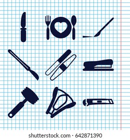 Set of 9 knife filled icons such as sawing, knife, scalpel, plate with spoon and fork, cutter