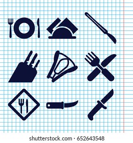 Set of 9 knife filled icons such as plate fork and spoon, fork and knife, scalpel, stapler, napkin