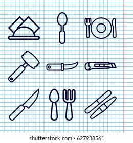 Set of 9 knife outline icons such as plate fork and spoon, fork and spoon, sawing, spoon, gardening knife, cutter, napkin