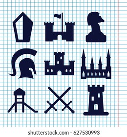 Set of 9 knight filled icons such as castle, knight, sword