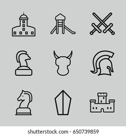 set of 9 knight outline icons such as castle, horse chess, knight, sword, helmet