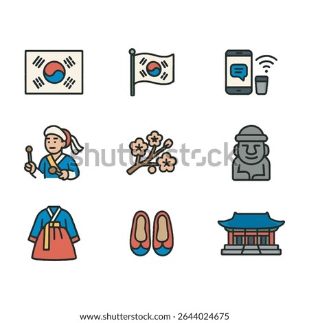 Set of 9 Korea icons, flag and national symbols. Simple cartoon style illustration.