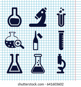 Set of 9 lab filled icons such as microscope, ampoule, heart test tube, test tube search
