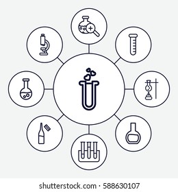 Set of 9 lab outline icons such as ampoule, heart test tube, test tube, test tube search