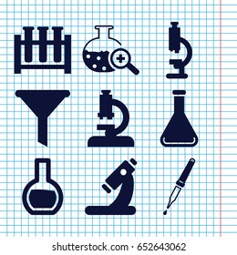 Set of 9 laboratory filled icons such as microscope, pipette, test tube search, test tube