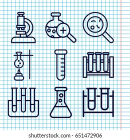 Set of 9 laboratory outline icons such as test tube, bacteria, test tube search