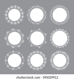 Set of 9 lacy white napkin . It can be used for celebrations , weddings , decoration . Vector illustration. 