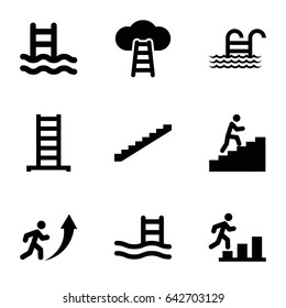 Set of 9 ladder filled icons such as stairs, man climbing stairs