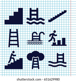 Set of 9 ladder filled icons such as stairs, ladder, stair, man climbing stairs