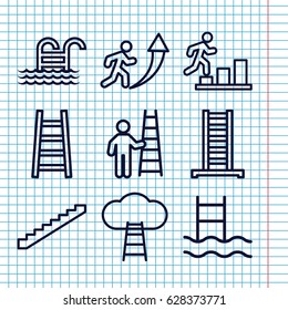 Set of 9 ladder outline icons such as ladder, stairs