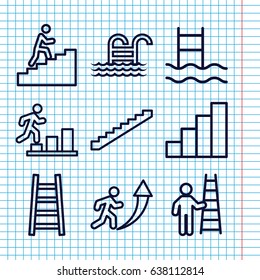 Set of 9 ladder outline icons such as stairs, ladder, stair, man climbing stairs