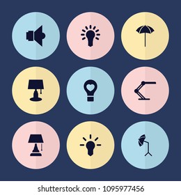 Set of 9 lamp filled icons such as table lamp, bulb heart, studio umbrella, light bulb, lamp