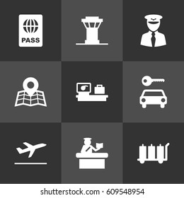 Set Of 9 Land Icons Set.Collection Of Carriage, Security, Passport And Other Elements.