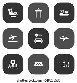 Set Of 9 Land Icons Set.Collection Of Metal Detector, Location, Cab And Other Elements.