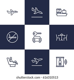 Set Of 9 Land Outline Icons Set.Collection Of Business Class, No Smoking, Cafe And Other Elements.