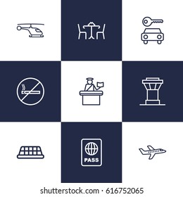Set Of 9 Land Outline Icons Set.Collection Of Cafe, No Smoking, Passport Controller And Other Elements.