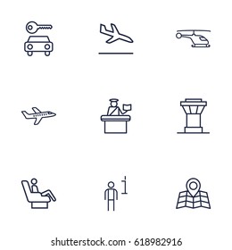Set Of 9 Land Outline Icons Set.Collection Of Helicopter, Control Tower, Business Class And Other Elements.