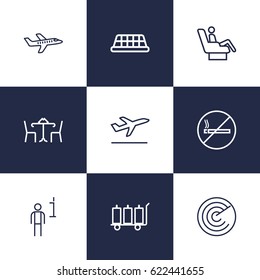 Set Of 9 Land Outline Icons Set.Collection Of Business Class, Cafe, No Smoking And Other Elements.