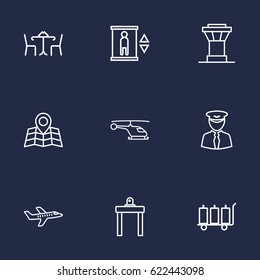 Set Of 9 Land Outline Icons Set.Collection Of Control Tower, Plane, Map And Other Elements.
