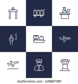 Set Of 9 Land Outline Icons Set.Collection Of Airport Security, Luggage Trolley, Pilot And Other Elements.