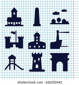 Set of 9 landmark filled icons such as castle, Arc de Triomphe, monument, city landscape