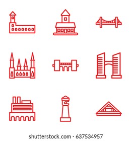 set of 9 landmark outline icons such as castle, lighthouse, bridge